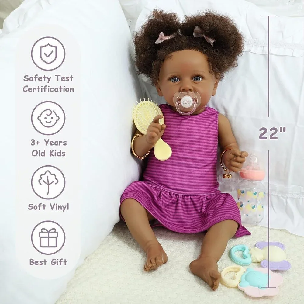 🆕22Inch African Americans Newborn Doll with Soft Cloth Body with Two Afro Puff